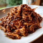 A close-up of shredded, saucy Slow Cooker Honey Garlic Pulled Pork piled high on a white plate.