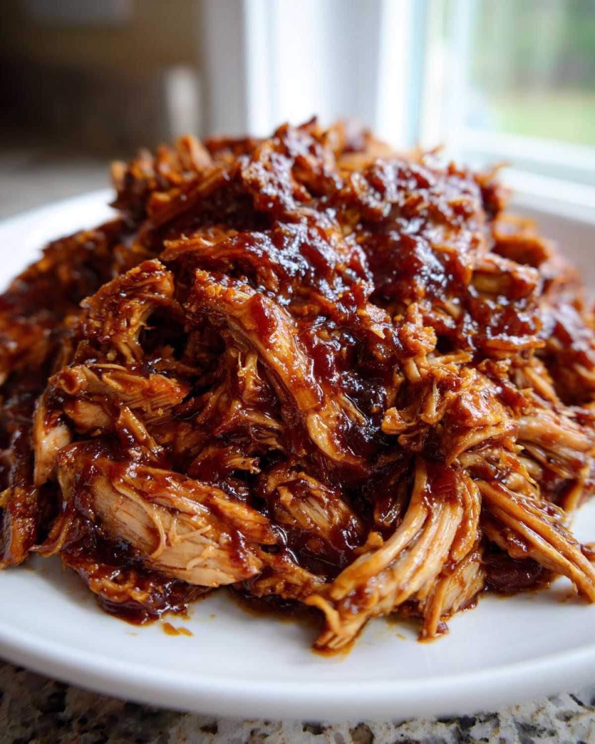 Close-up of tender, shredded Slow Cooker Honey Garlic Pulled Pork coated in a thick, glossy sauce on a white plate.
