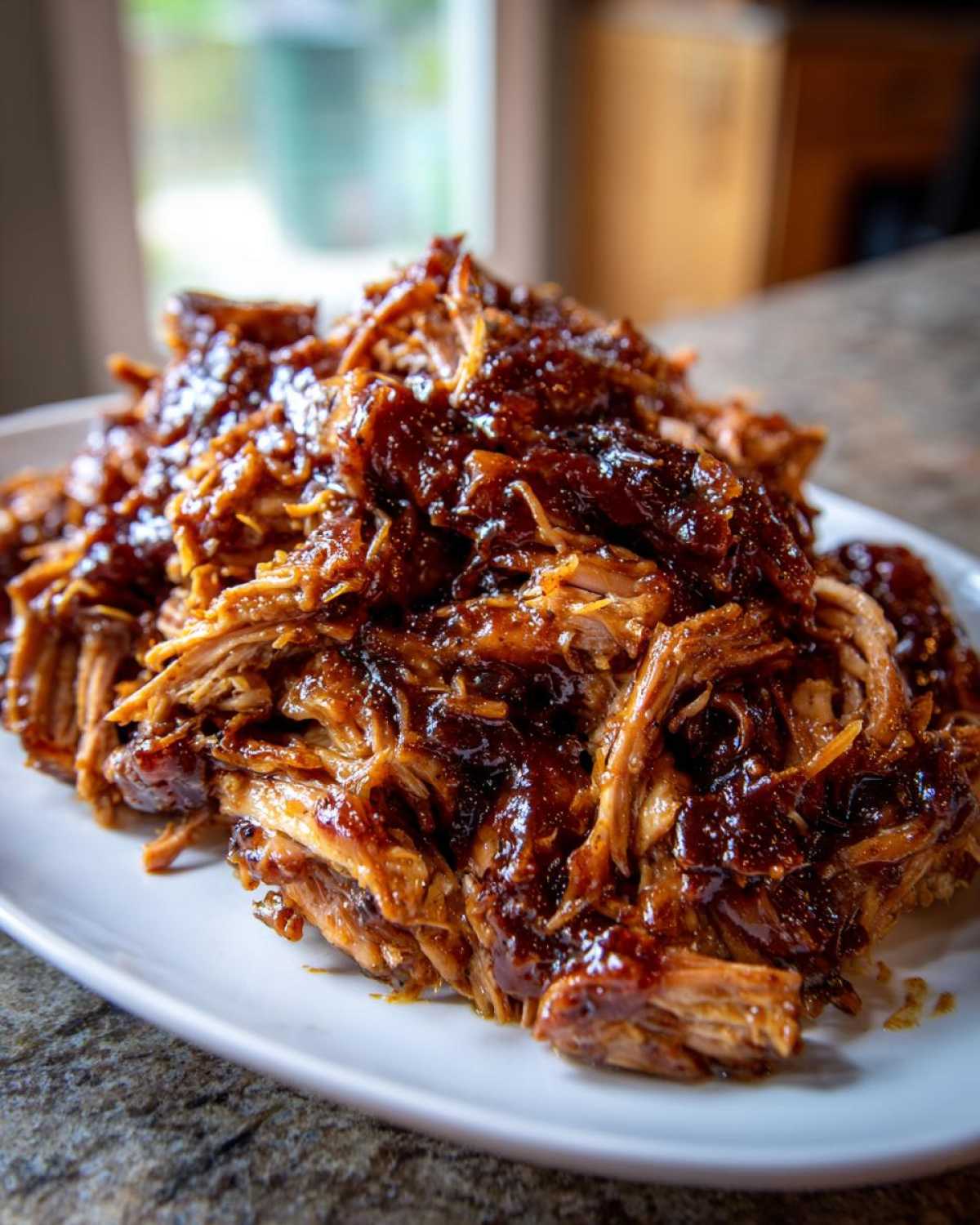A close-up of shredded Slow Cooker Honey Garlic Pulled Pork piled high on a white platter, glistening with sauce.