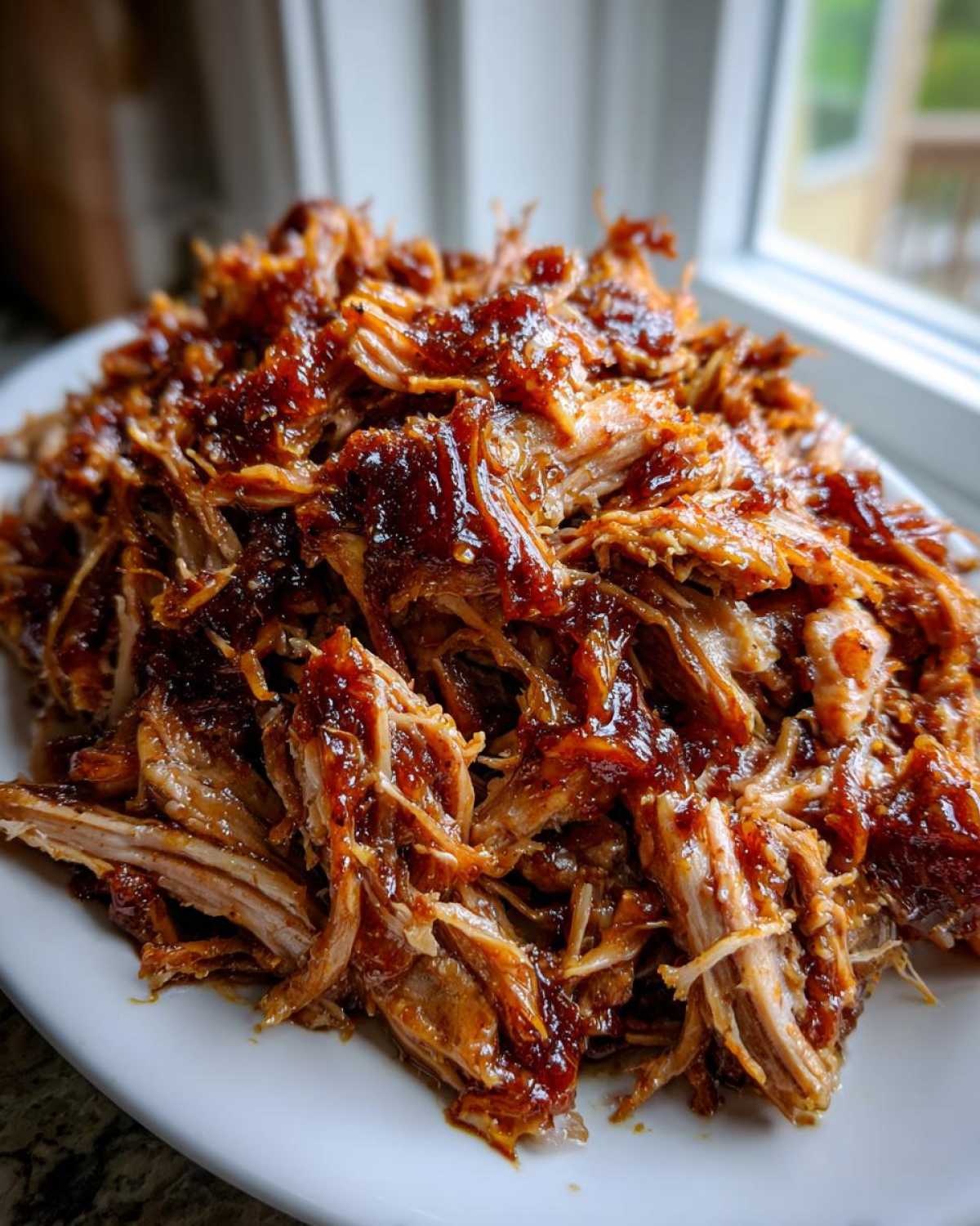A close-up of shredded, saucy Slow Cooker Honey Garlic Pulled Pork piled high on a white plate.