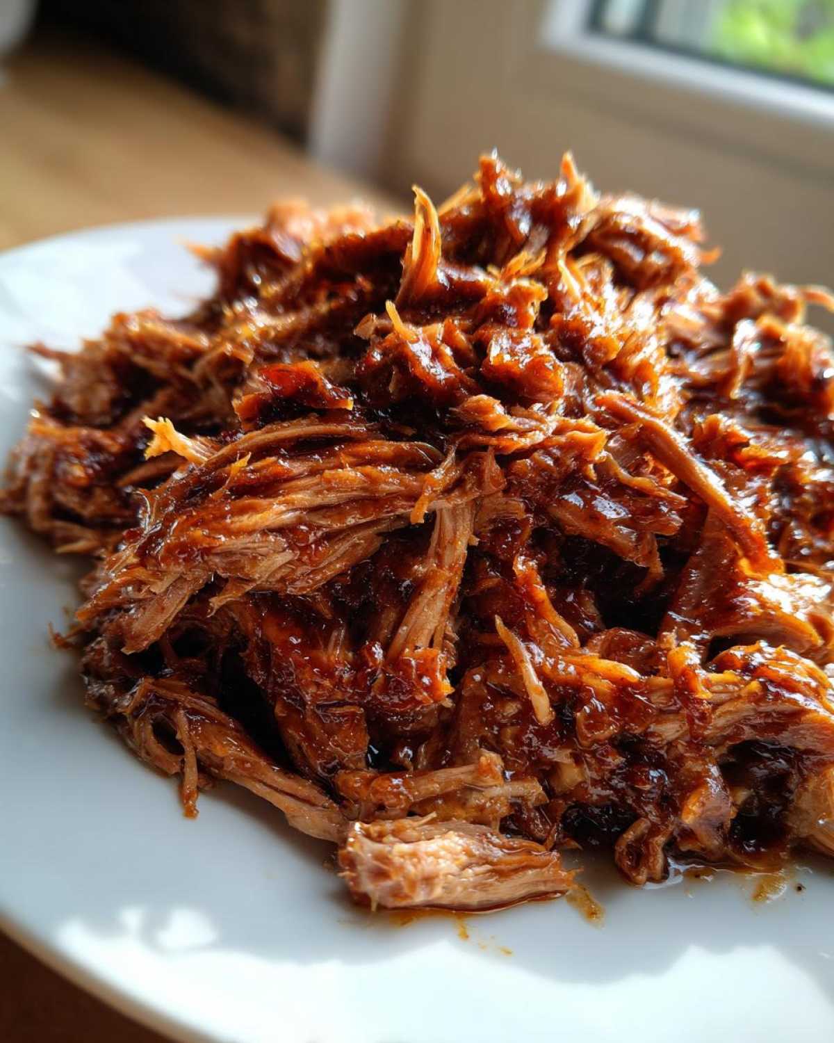 Close-up of shredded Slow Cooker Honey Garlic Pulled Pork, glistening with a rich, dark sauce on a white plate.