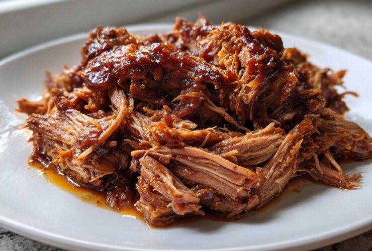 Close-up of tender, shredded Slow Cooker Honey Garlic Pulled Pork coated in a rich, glossy sauce on a white plate.