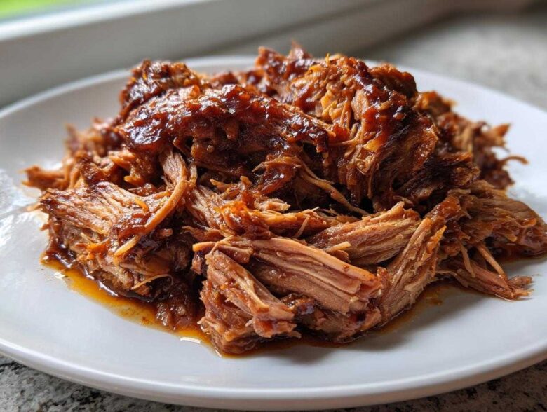 Close-up of tender, shredded Slow Cooker Honey Garlic Pulled Pork coated in a rich, glossy sauce on a white plate.
