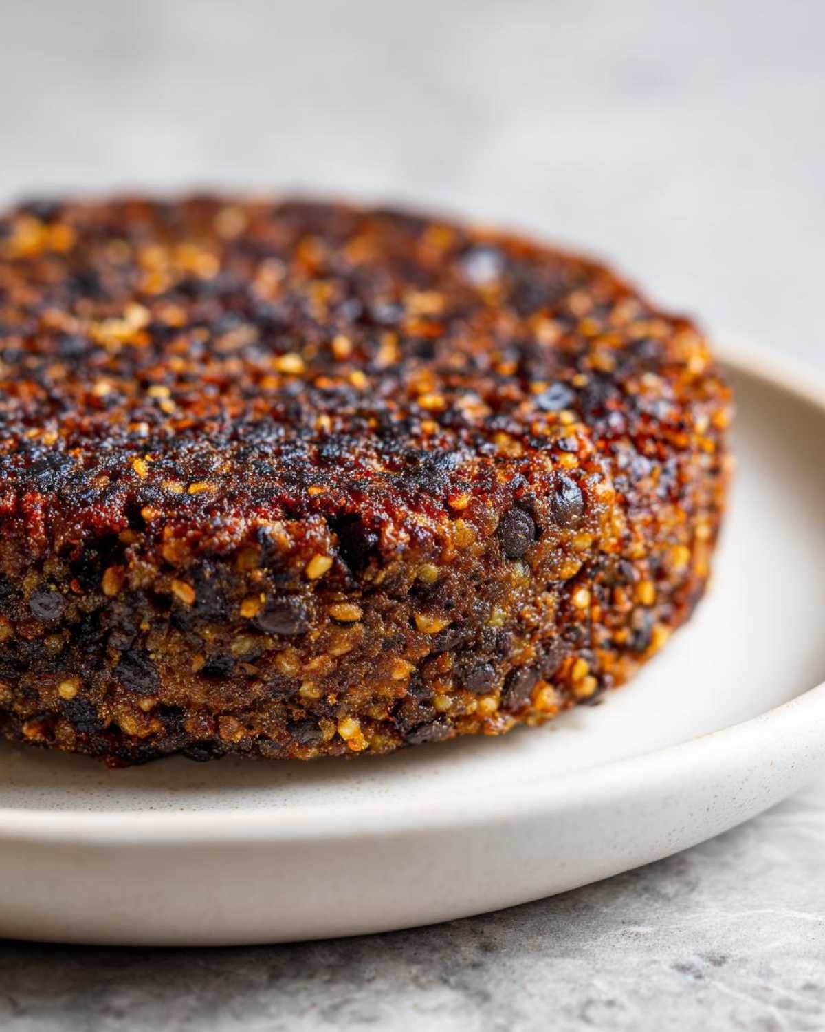 Close-up of a thick, perfectly seared Smoky Black Bean Burger Patty showing a dark, textured, and slightly charred crust.