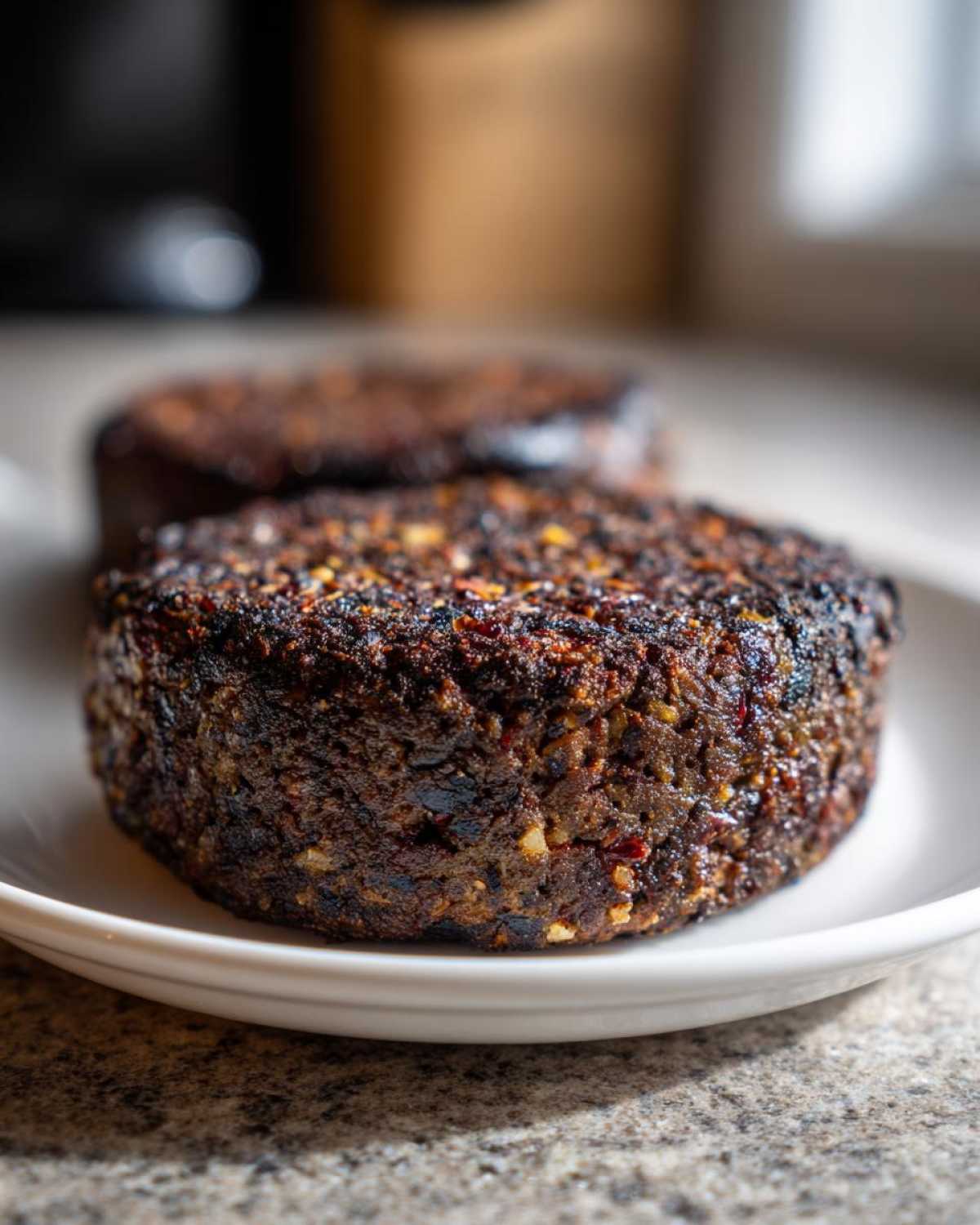 Close-up of a thick, dark, and well-seared Smoky Black Bean Burger Patty resting on a white plate.