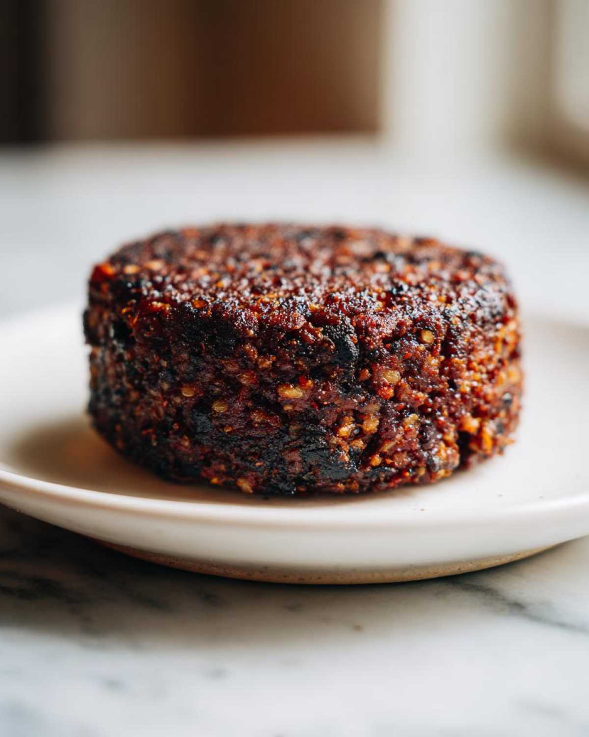 Close-up of a thick, dark, and perfectly seared Smoky Black Bean Burger Patty on a small white plate.