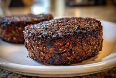 Close-up of a thick, richly seasoned Smoky Black Bean Burger Patty with a dark, seared crust on a white plate.