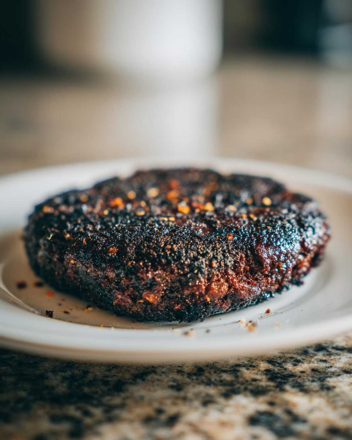 Close-up of a dark, well-seared Smoky Black Bean Burger Patty sprinkled with spices on a white plate.