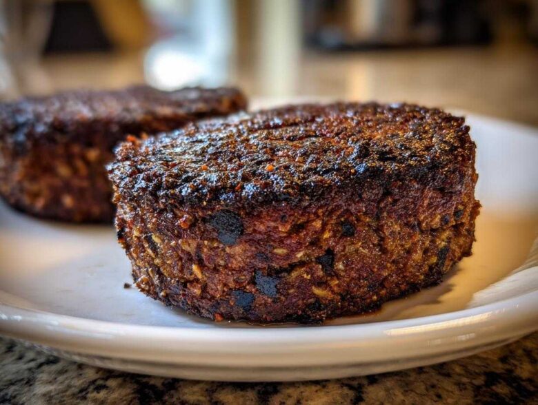 Close-up of a thick, richly seasoned Smoky Black Bean Burger Patty with a dark, seared crust on a white plate.