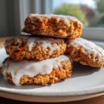 A stack of four Soft-Baked Carrot Cake Cookies generously topped with a dripping cream cheese glaze on a light plate.