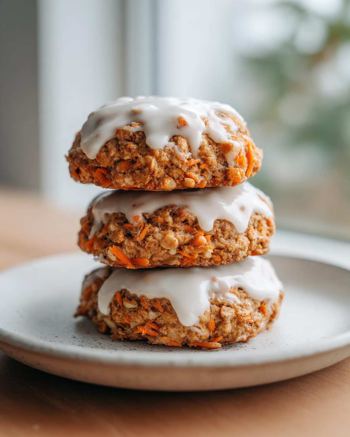 Three Soft-Baked Carrot Cake Cookies stacked on a plate, topped with a thick cream cheese glaze.