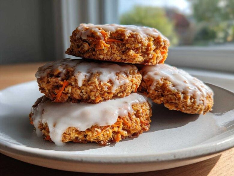 A stack of four Soft-Baked Carrot Cake Cookies generously topped with a dripping cream cheese glaze on a light plate.