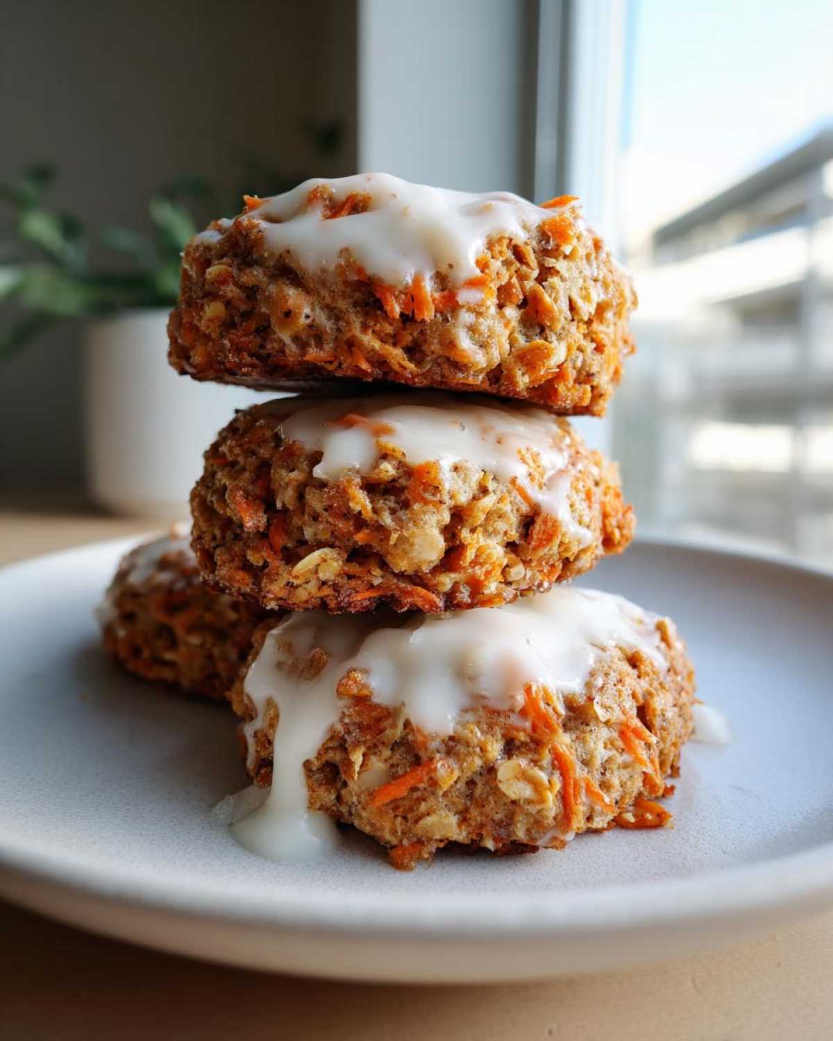 A stack of three Soft-Baked Carrot Cake Cookies topped with dripping cream cheese glaze on a light plate.