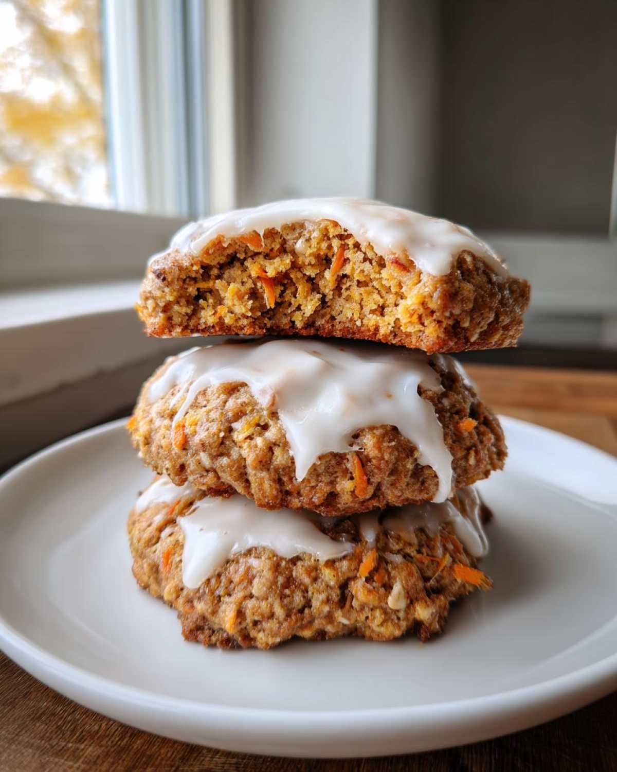 A stack of three Soft-Baked Carrot Cake Cookies topped with a thick cream cheese glaze, showing the texture inside the top cookie.