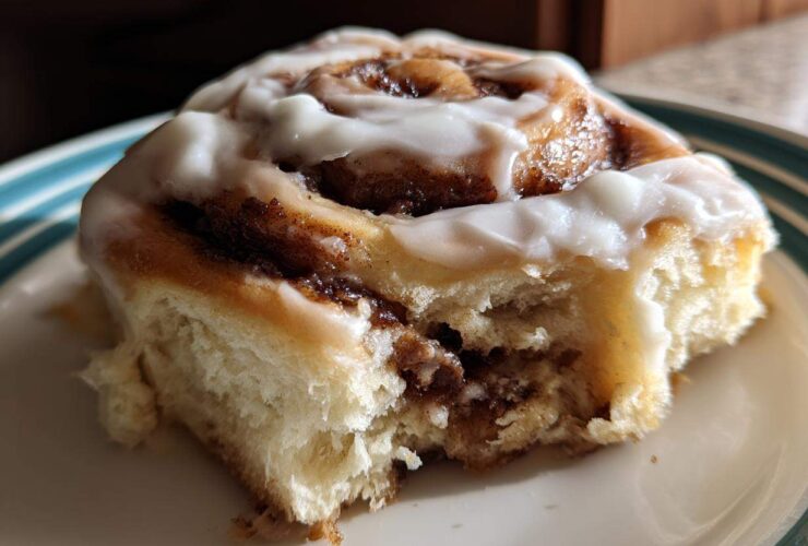 Close-up of a soft, fluffy Gluten-Free Cinnamon Rolls piece with rich cinnamon swirl and white icing.
