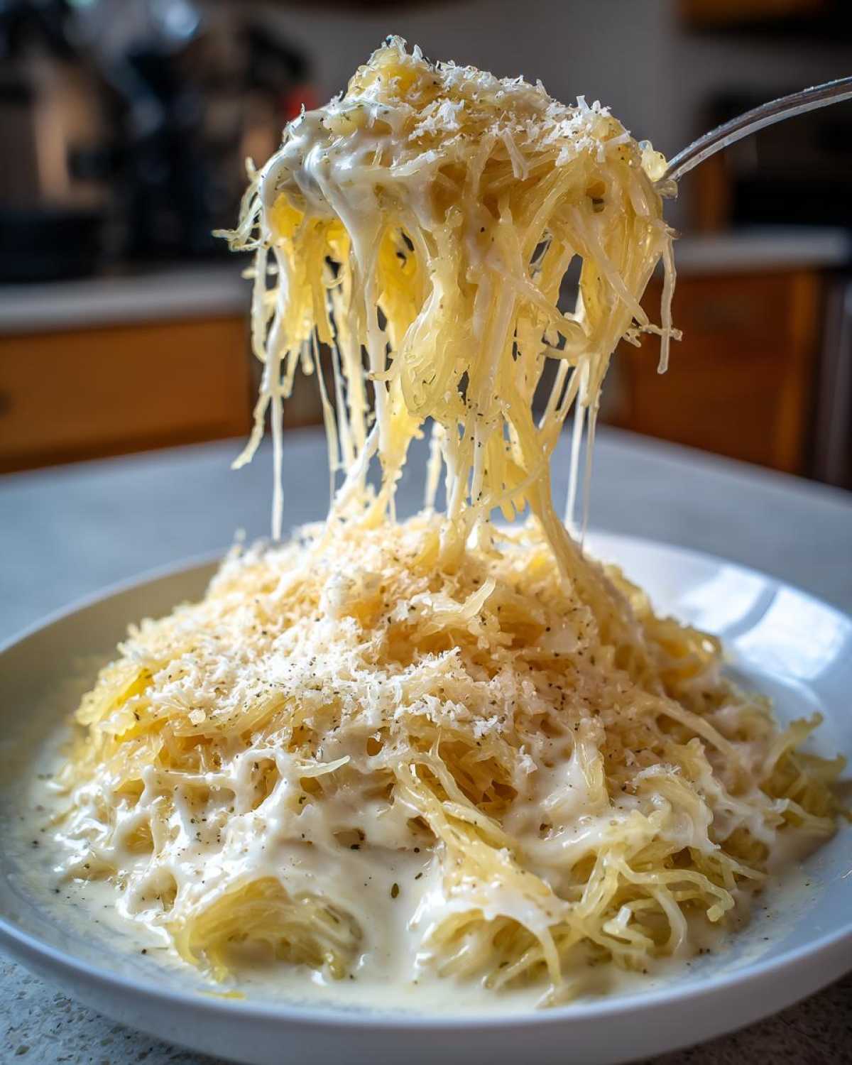 A fork lifts strands of cheesy Spaghetti Squash Alfredo, showing the creamy sauce and grated Parmesan topping.