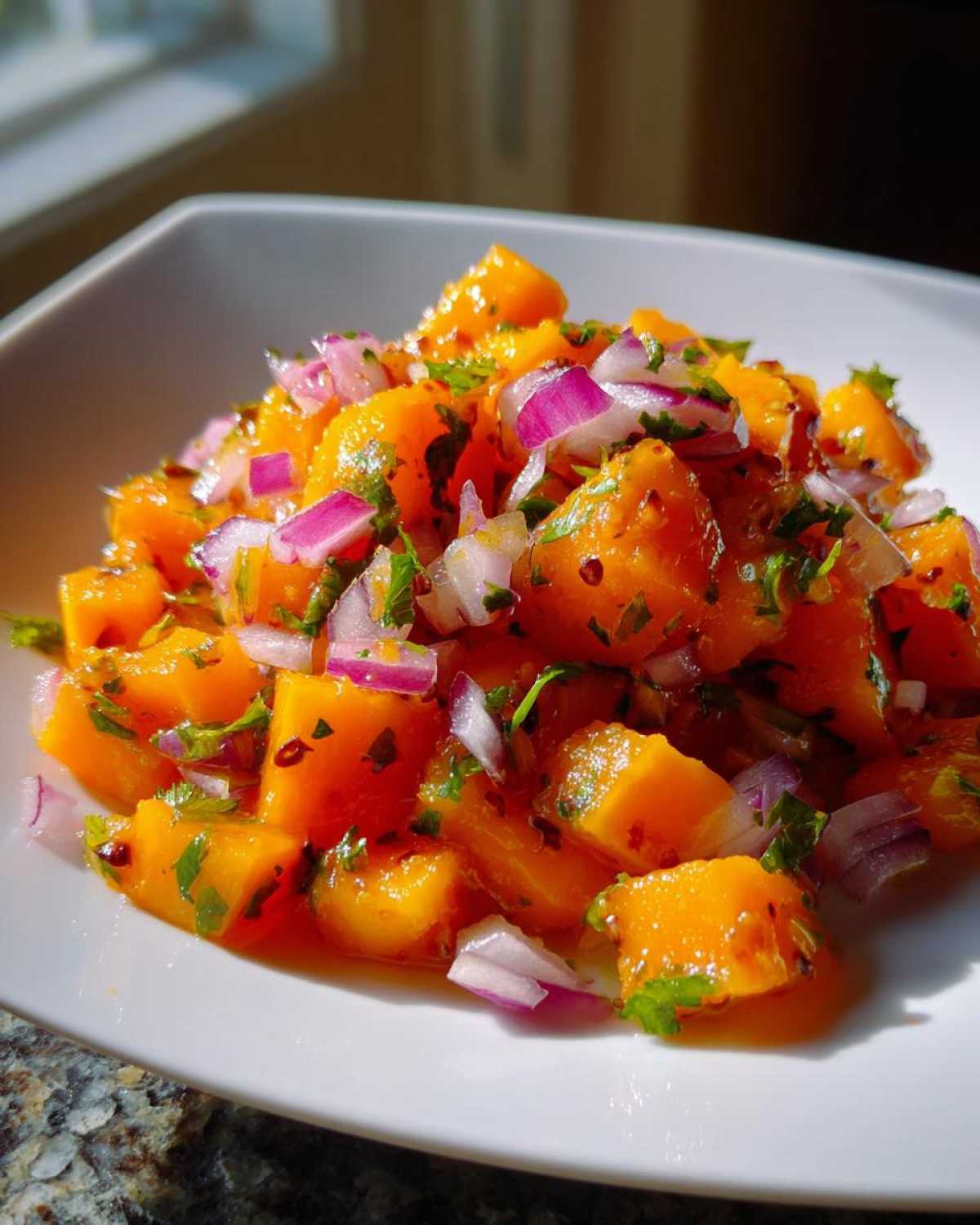 Close-up of bright orange chunks of mango mixed with diced red onion and green herbs in a Spicy Mango Salsa.