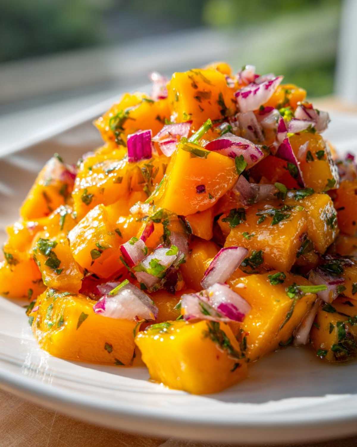 Close-up of bright orange mango chunks mixed with diced red onion and herbs in a vibrant Spicy Mango Salsa.