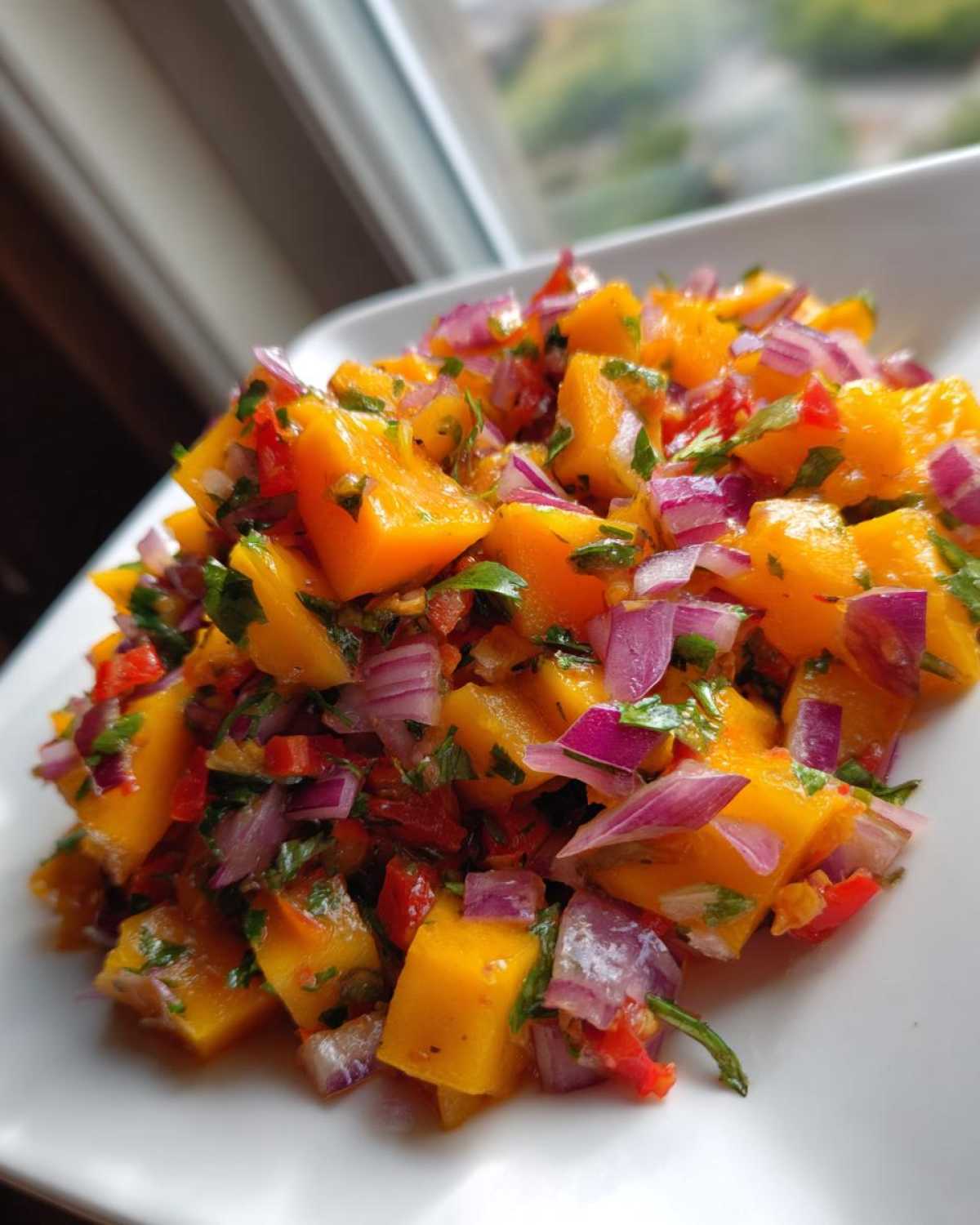 Close-up of vibrant Spicy Mango Salsa featuring diced mango, red onion, and cilantro on a white plate.
