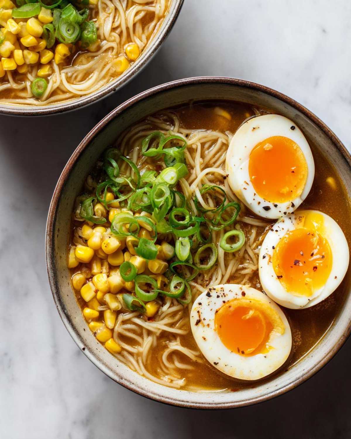 Overhead view of Spicy Miso Ramen with soft-boiled eggs, corn, and green onions in a bowl.