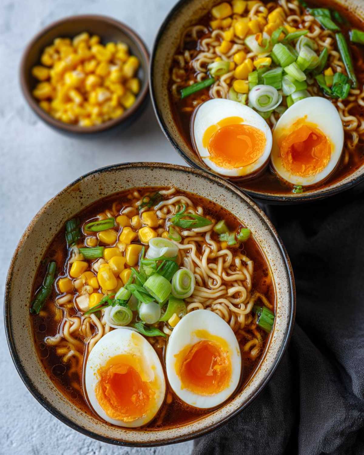 Two bowls of Spicy Miso Ramen topped with corn, green onions, and halved soft-boiled eggs with runny yolks.