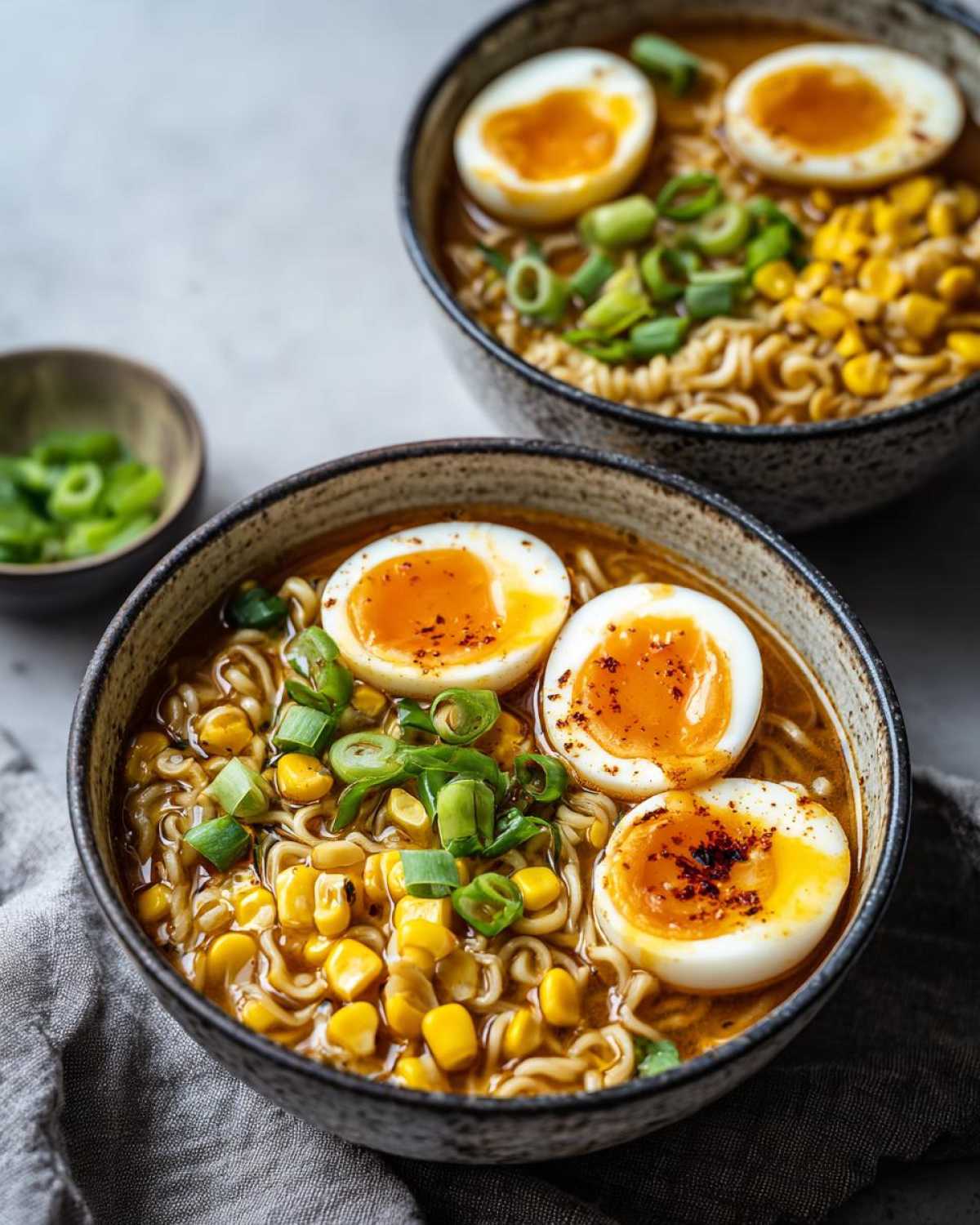 Two bowls of Spicy Miso Ramen with soft-boiled eggs, corn, and green onions ready to eat.