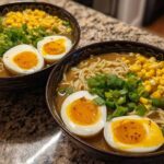 Two bowls of Spicy Miso Ramen with soft-boiled eggs, corn, and green onions on a granite countertop.