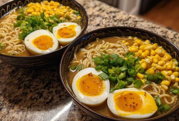 Two bowls of Spicy Miso Ramen with soft-boiled eggs, corn, and green onions on a granite countertop.