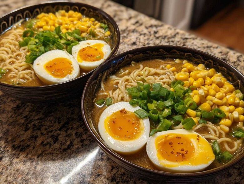 Two bowls of Spicy Miso Ramen with soft-boiled eggs, corn, and green onions on a granite countertop.