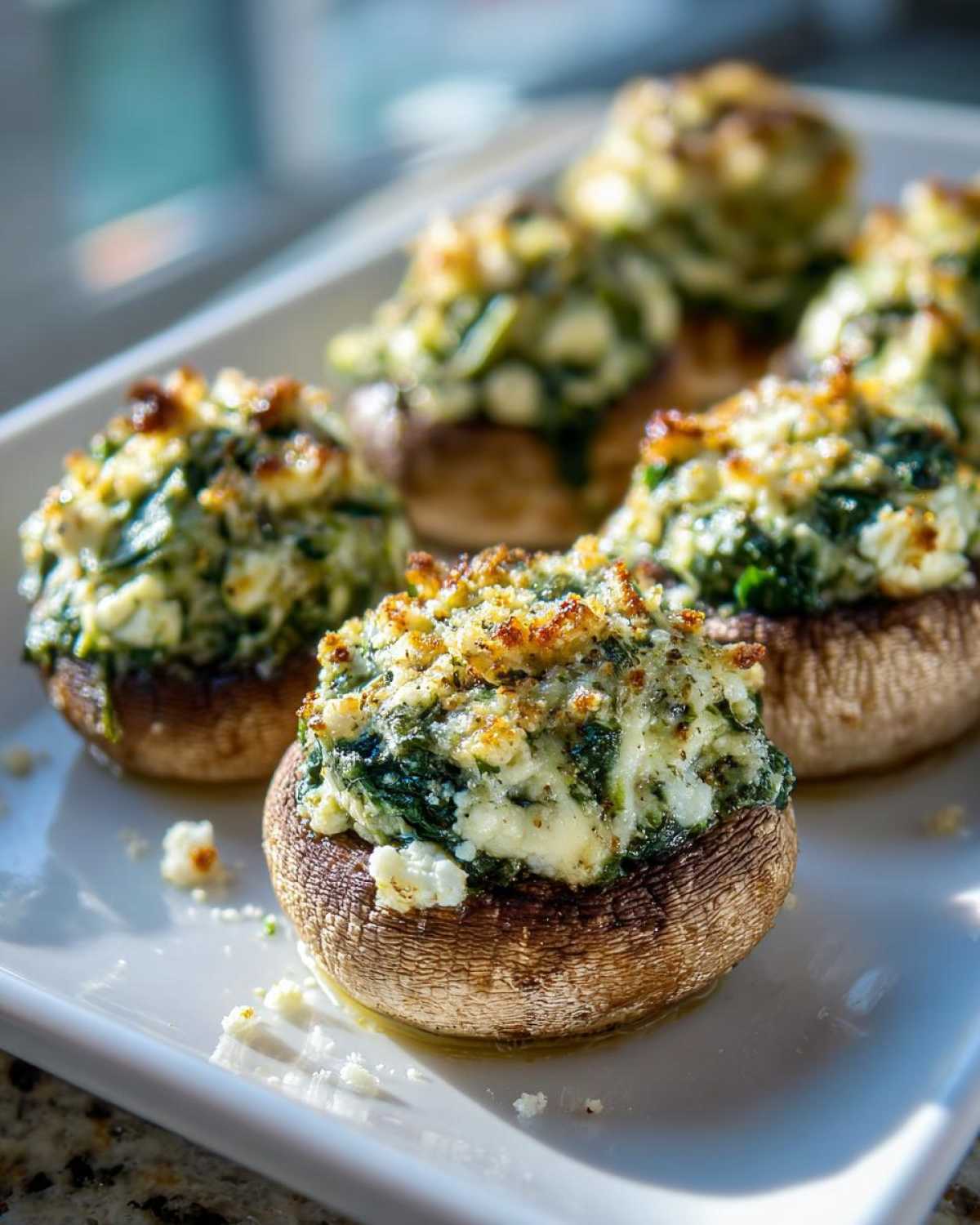 Close-up of baked Spinach and Feta Stuffed Mushrooms with golden brown tops served on a white platter.