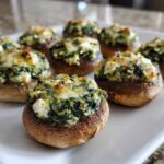 Close-up of baked Spinach and Feta Stuffed Mushrooms served on a white platter.