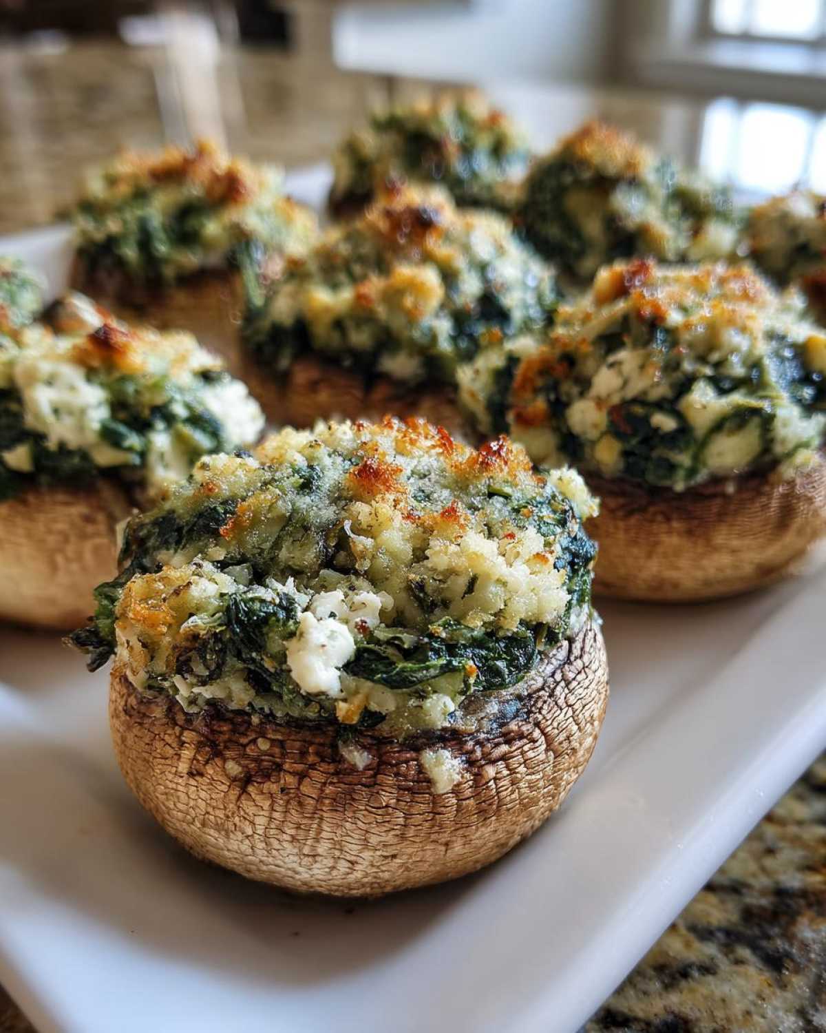 Close-up of baked Spinach and Feta Stuffed Mushrooms with a golden, cheesy topping on a white platter.