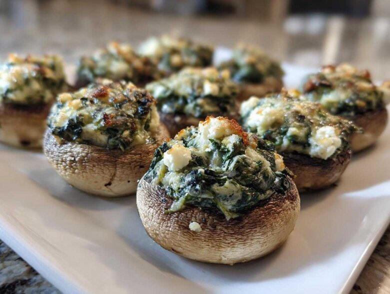 A close-up of baked Spinach and Feta Stuffed Mushrooms arranged on a white platter, featuring browned tops.
