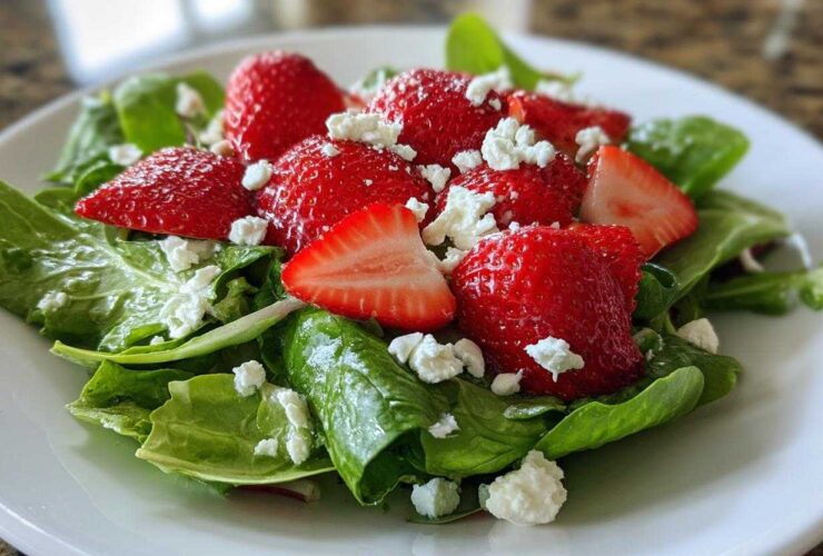 Close-up of a vibrant Spring Mix Salad with Strawberries and Goat Cheese on a white plate.