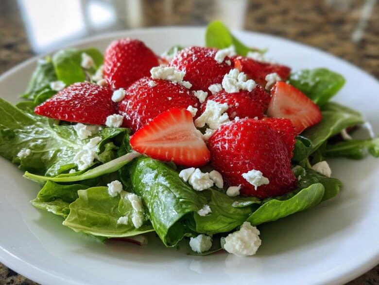 Close-up of a vibrant Spring Mix Salad with Strawberries and Goat Cheese on a white plate.