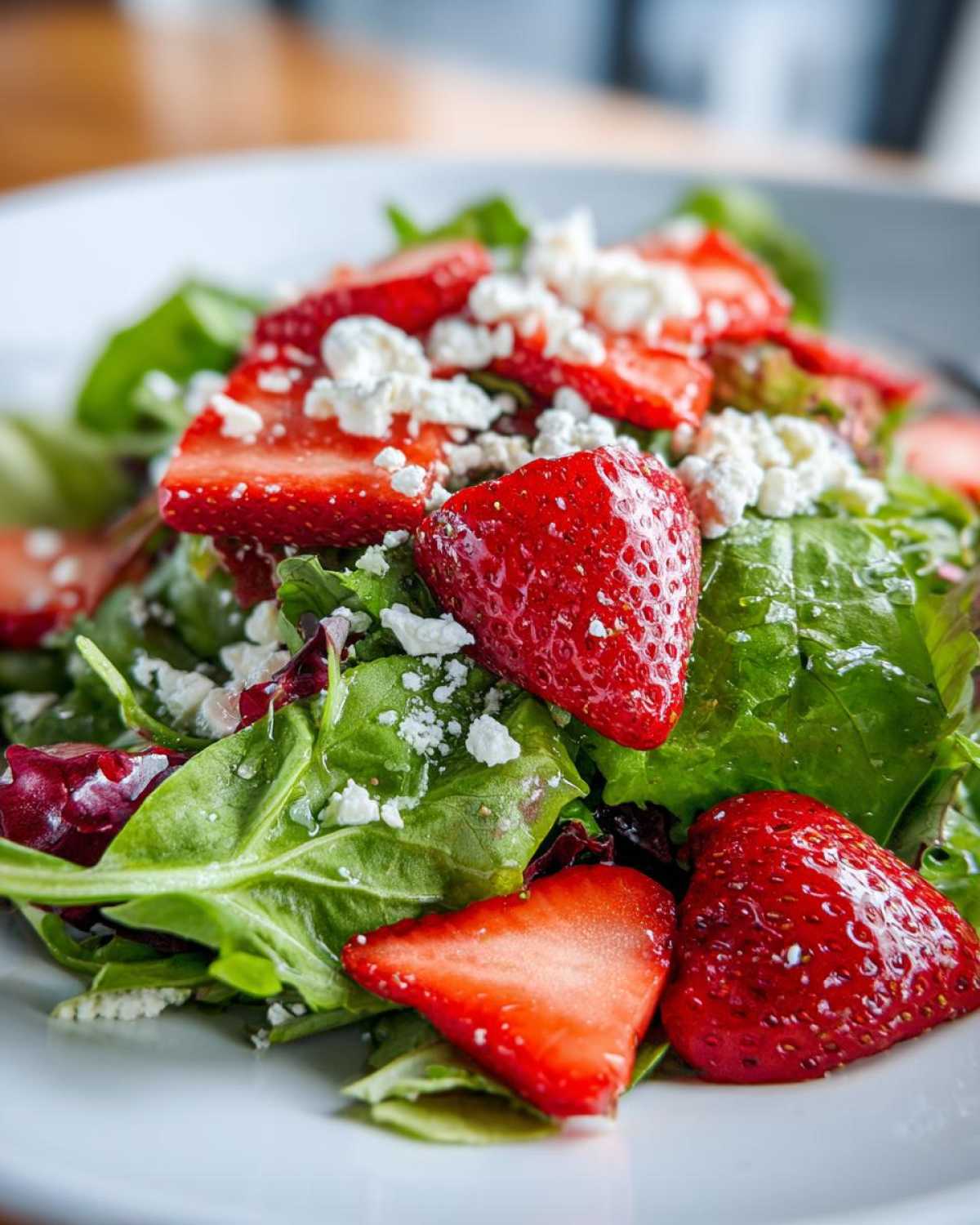 Close-up of fresh Spring Mix Salad with Strawberries and Goat Cheese crumbles on a white plate.