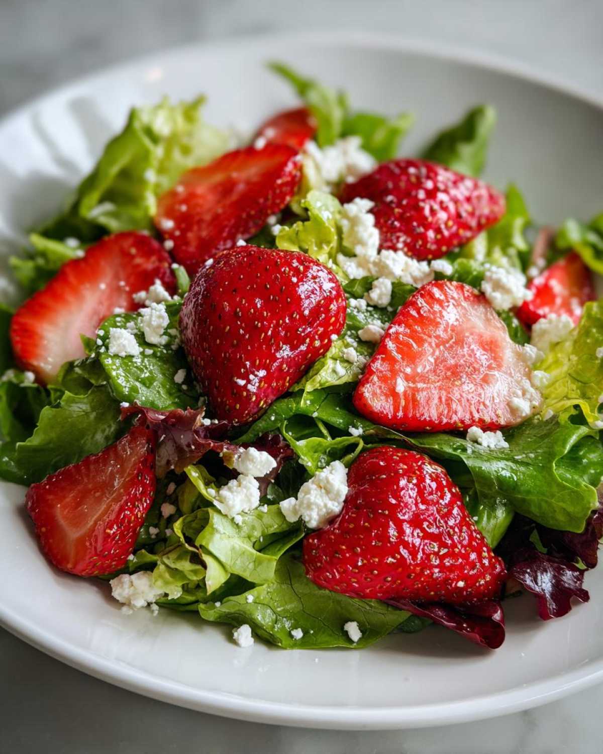 Close-up of a fresh Spring Mix Salad with Strawberries and Goat Cheese on a white plate.