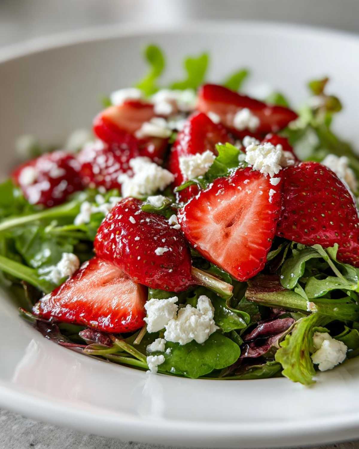 Close-up of fresh Spring Mix Salad with Strawberries and Goat Cheese, vibrant and ready to eat.