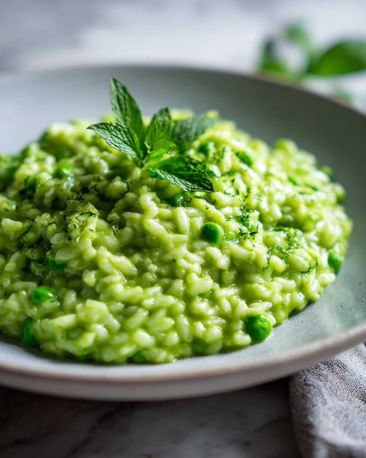 Close-up of creamy, bright green Spring Pea and Mint Risotto topped with fresh mint leaves.