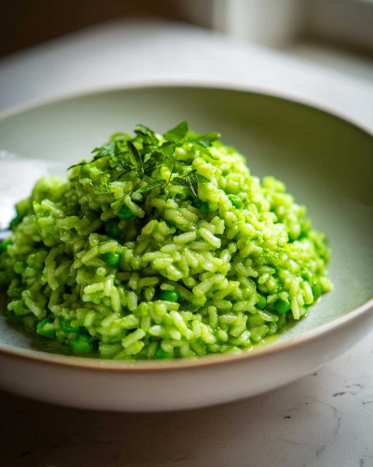 Close-up of vibrant green Spring Pea and Mint Risotto topped with fresh mint leaves in a light-colored bowl.