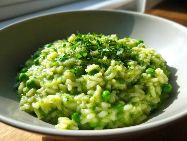 Close-up of creamy Spring Pea and Mint Risotto, topped with fresh chopped herbs, served in a light grey bowl.