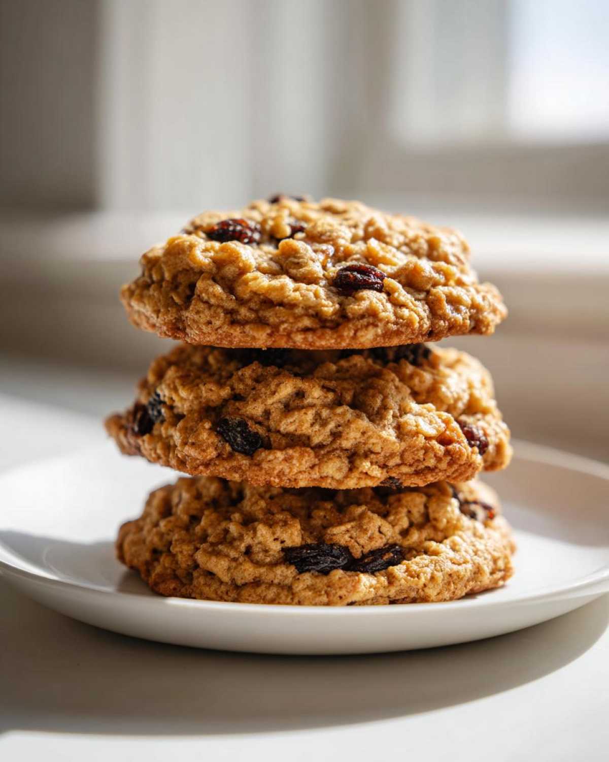 A stack of three chewy Gluten-Free Oatmeal Raisin Cookies resting on a small white plate, brightly lit by natural window light.