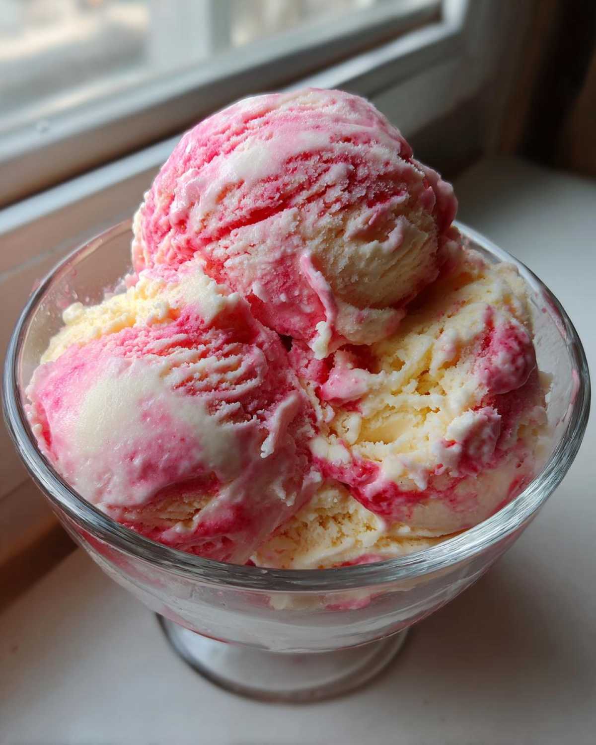 Three scoops of swirled pink and yellow Strawberry Banana Ice Cream served in a clear glass dish near a window.
