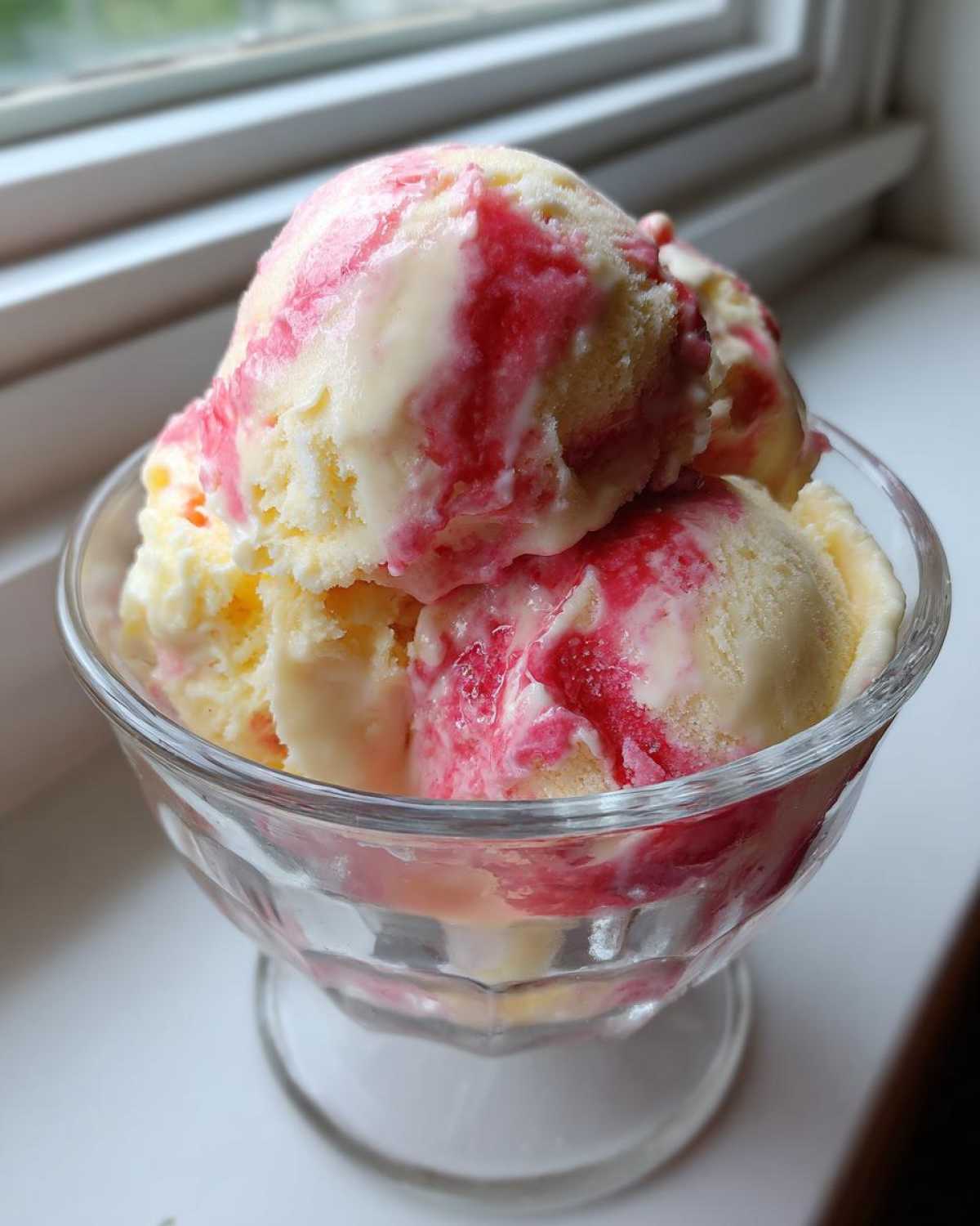Three scoops of creamy Strawberry Banana Ice Cream with visible red strawberry swirls served in a clear glass dish.