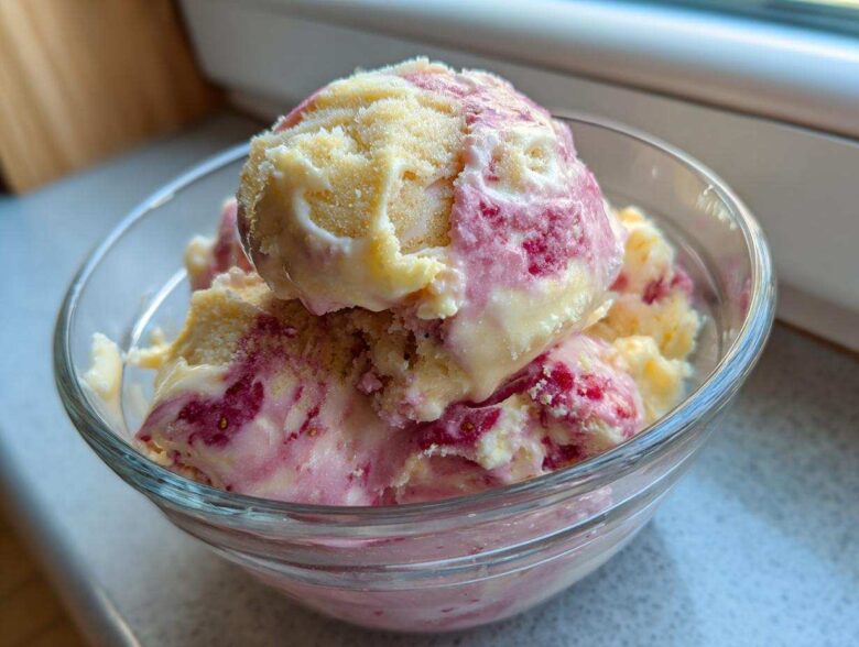 Close-up of two scoops of swirled Strawberry Banana Ice Cream in a clear glass bowl.