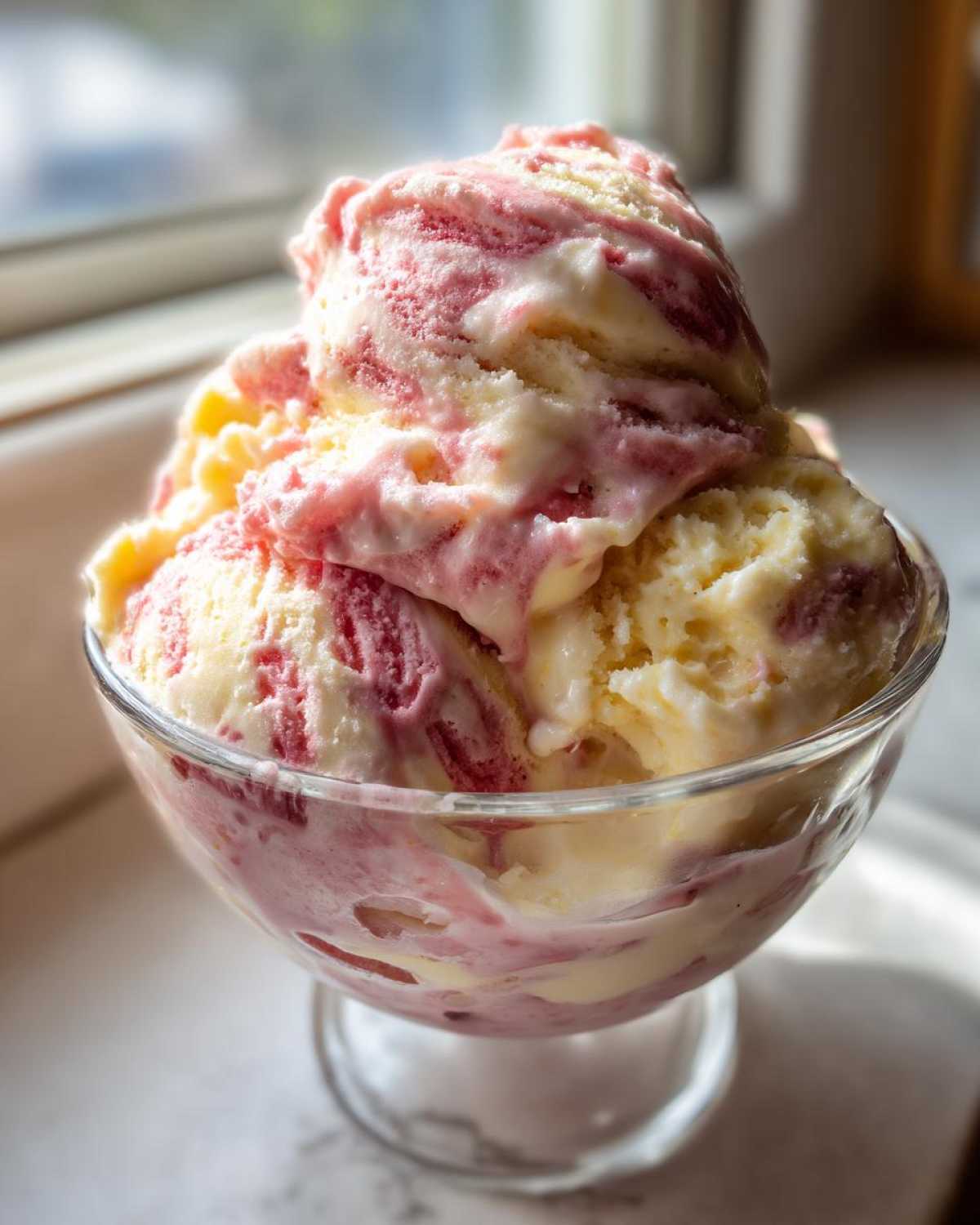 Close-up of several scoops of swirled Strawberry Banana Ice Cream in a clear glass sundae dish.