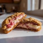 Close-up of a Strawberry Cheesecake Stuffed Cookie cut in half, showing creamy filling and strawberry pieces.