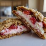 Cross-section view of two halves of a Strawberry Cheesecake Stuffed Cookie revealing creamy filling and fresh strawberry pieces.