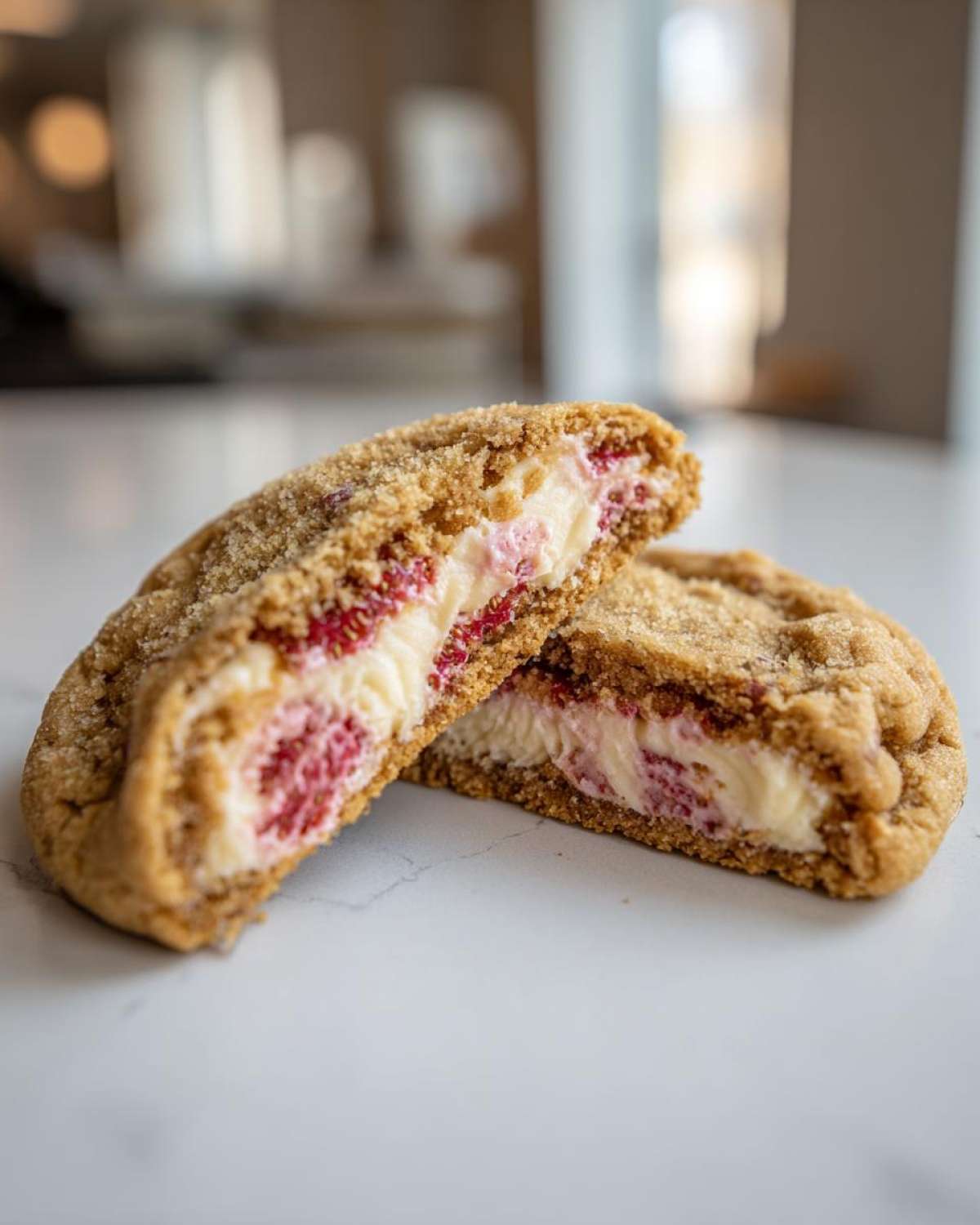 A Strawberry Cheesecake Stuffed Cookie cut in half showing the creamy filling and strawberry swirl.