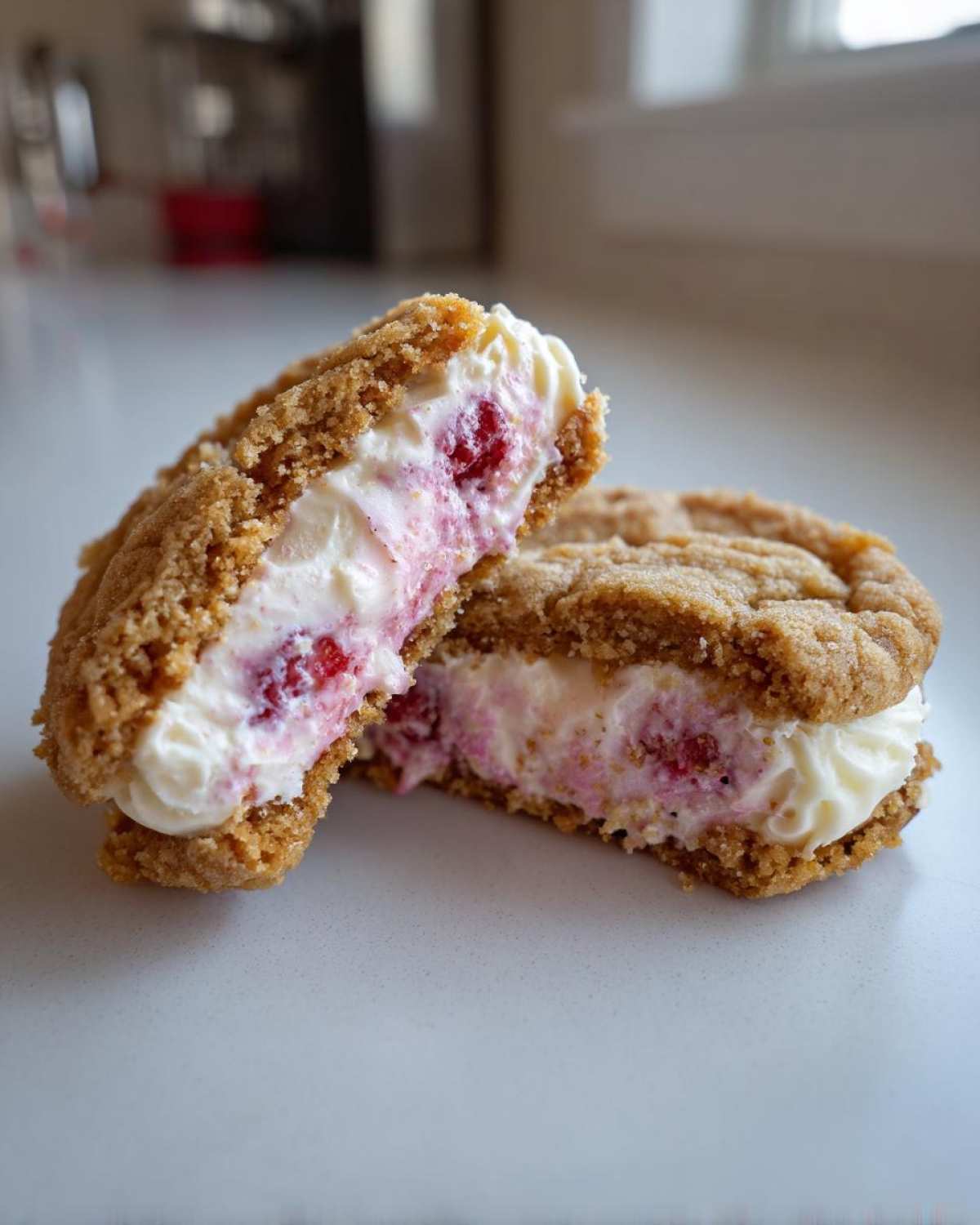 A close-up of a Strawberry Cheesecake Stuffed Cookie cut in half, showing the creamy filling with visible strawberry pieces.
